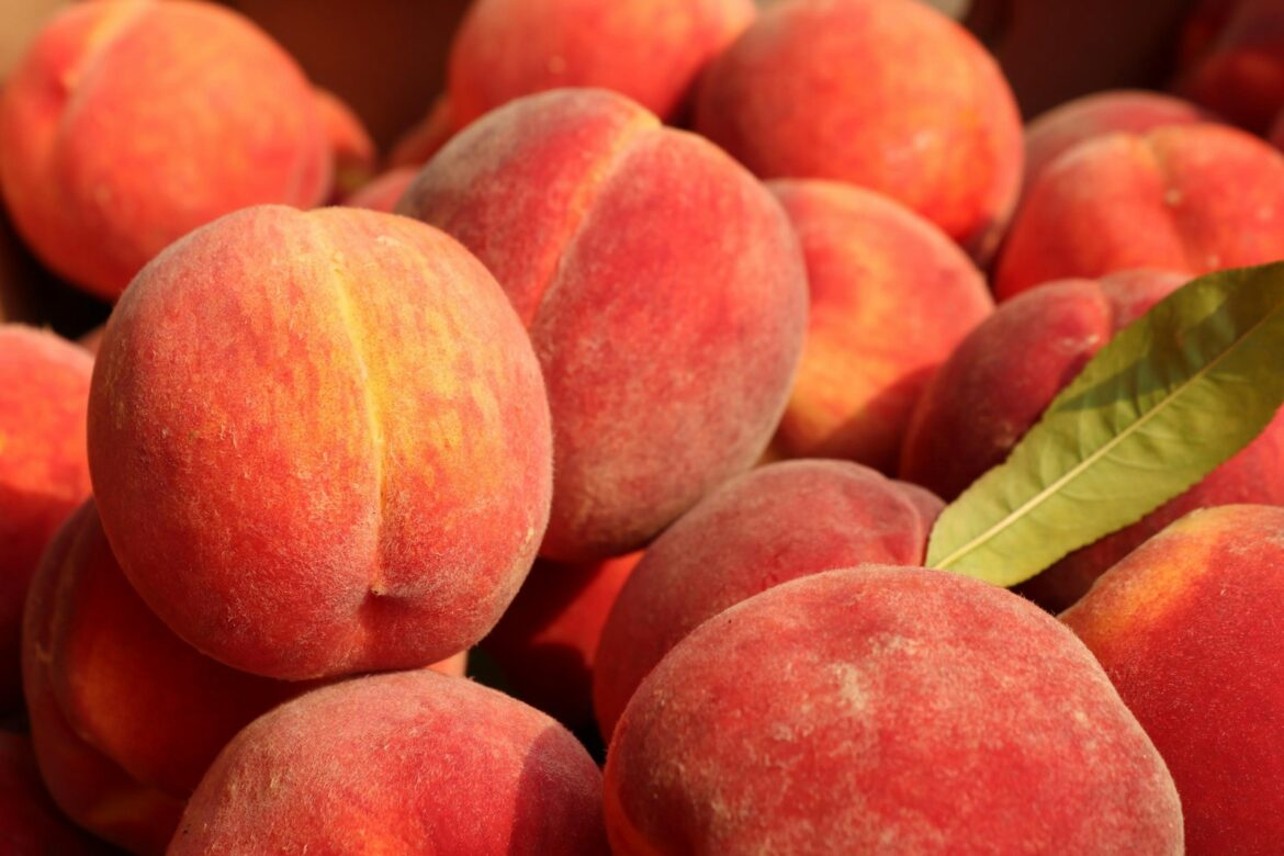 a pile of peaches with a leaf on top