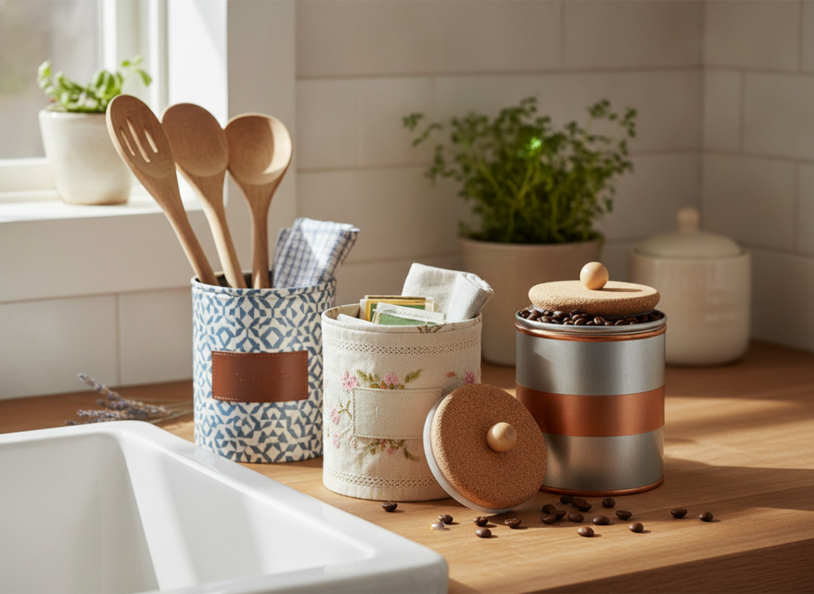 Stijlvolle opbergblikken van lege koffieblikken voor je aanrecht
